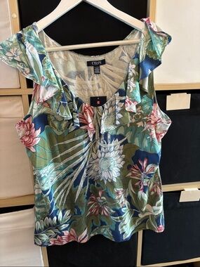 Chaps Floral Ruffle V-Neck Tank Top in Blue Green XL NWT